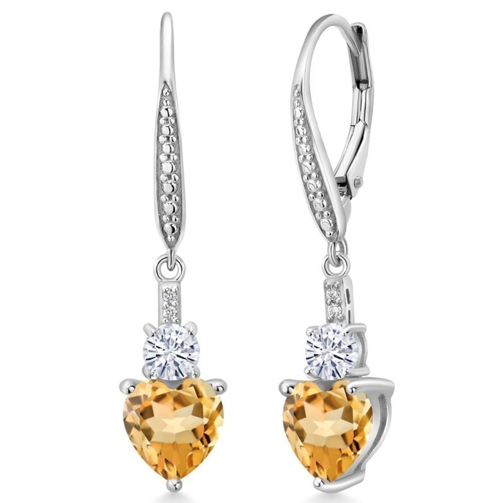 925 Sterling Silver with 2.49 Cttw Citrine and Moissanite Heart Drop Earrings